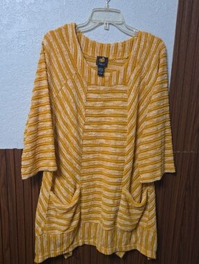 Studio EY Striped Pullover Sweater - Mustard Yellow - Size 1X - Soft Cotton Blen